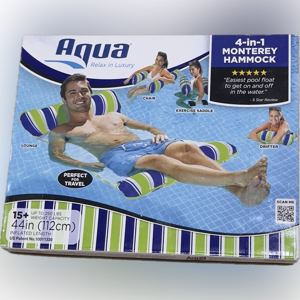 Aqua Inflatable Monterey 4-In-1 Hammock Pool Float, Green & Blue Multi Stripe